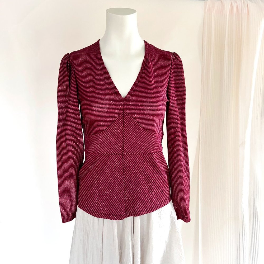 Vintage Sparkly Sheer Long Sleeve V-Neck Red Blouse